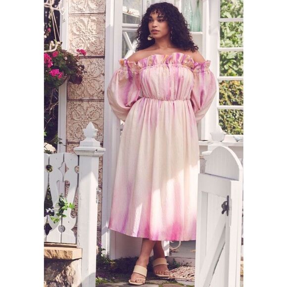 Eloquii Dresses & Skirts - Eloquii Women’s Off The Shoulder Ruffle Pink Purple Yellow Peach Watercolor Dres